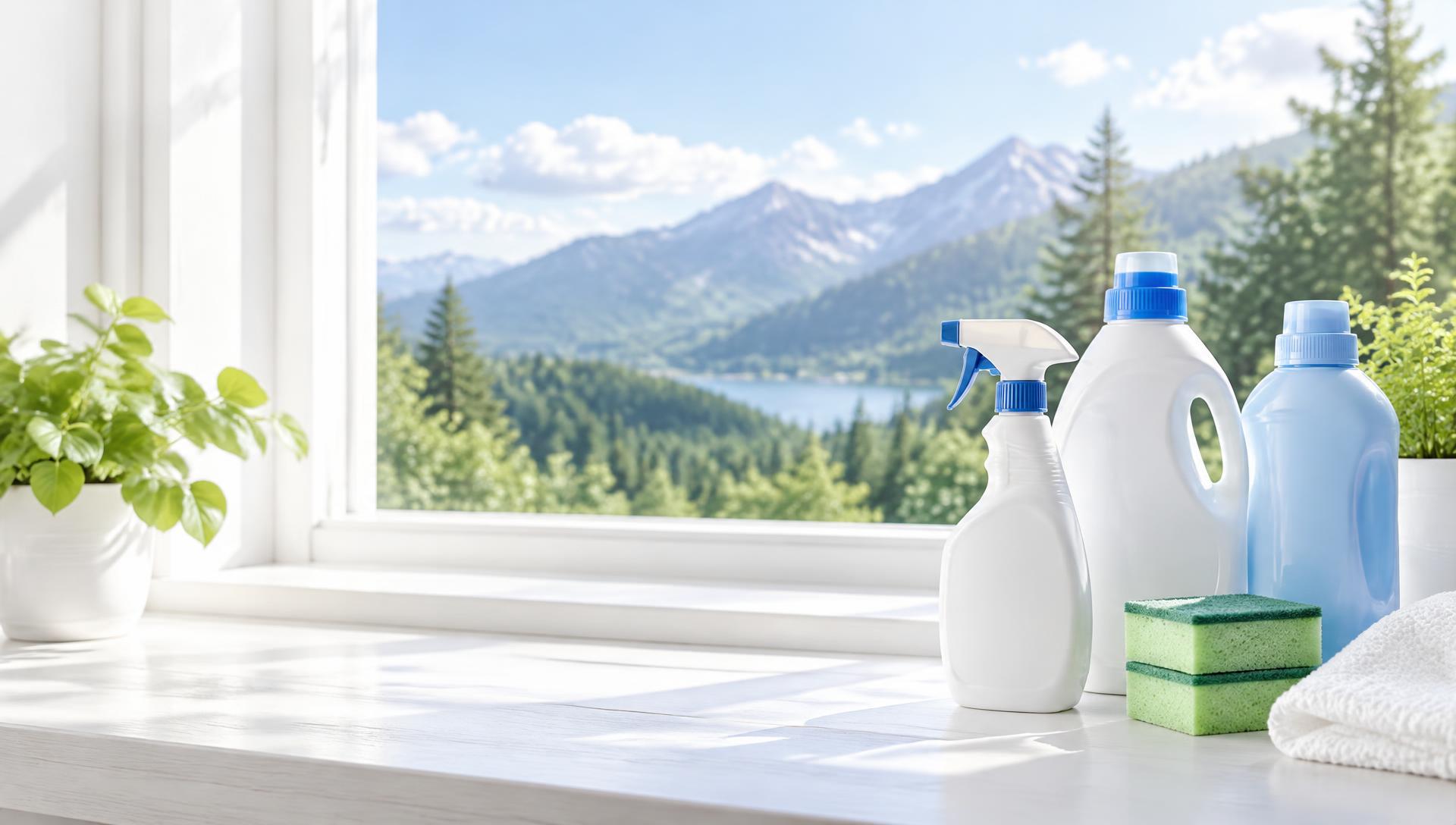 Produtos de limpeza na janela com vista para as montanhas